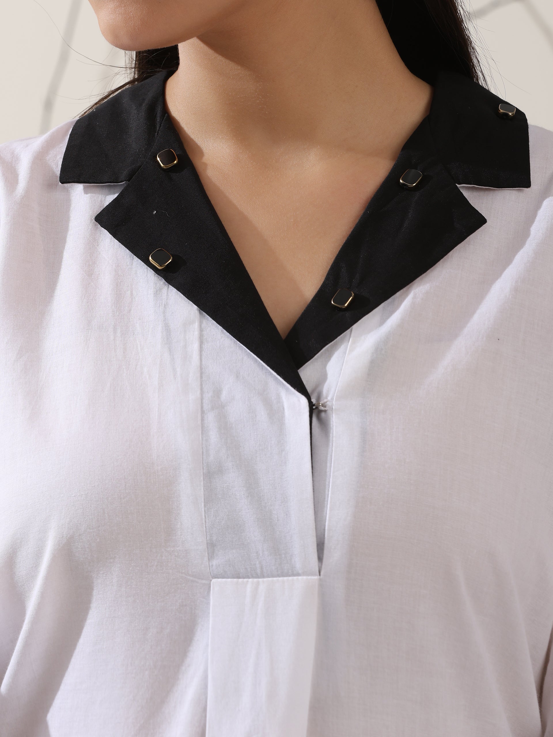 2-Piece White Cotton Kurta Set for Women – Contrast Black Collar Design with Matching Pants | Elegant Everyday Ethnic Wear