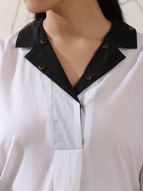 2-Piece White Cotton Kurta Set for Women – Contrast Black Collar Design with Matching Pants | Elegant Everyday Ethnic Wear