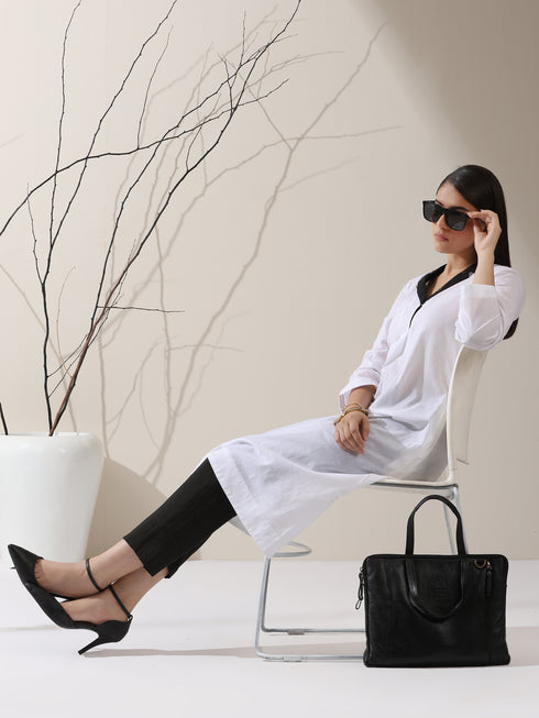 2-Piece White Cotton Kurta Set for Women – Contrast Black Collar Design with Matching Pants | Elegant Everyday Ethnic Wear
