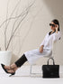2-Piece White Cotton Kurta Set for Women – Contrast Black Collar Design with Matching Pants | Elegant Everyday Ethnic Wear