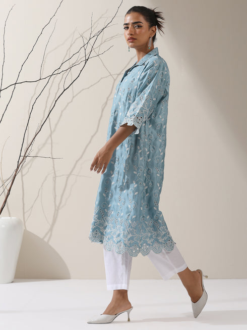 Women's Blue Lux Kurta with Creeper Schiffli & Paneled Collar and Pants | 2 Pc Set, Elegant Embroidered Co-ord, Luxe Ethnic Wear