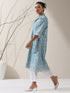 Women's Blue Lux Kurta with Creeper Schiffli & Paneled Collar and Pants | 2 Pc Set, Elegant Embroidered Co-ord, Luxe Ethnic Wear