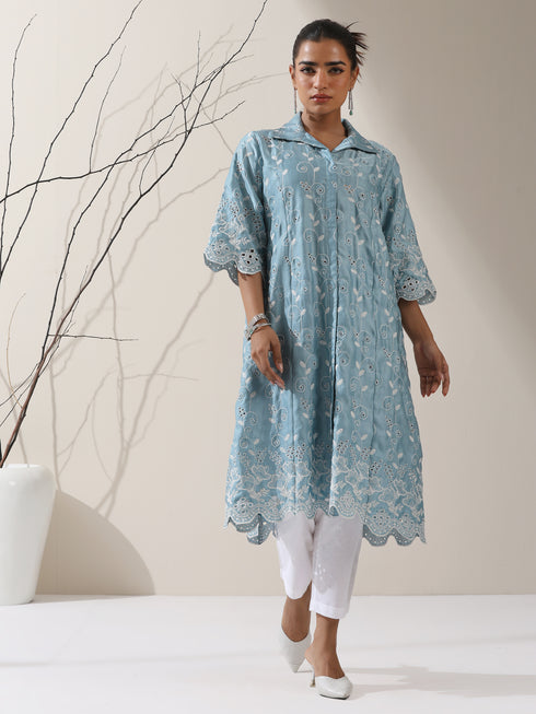 Women's Blue Lux Kurta with Creeper Schiffli & Paneled Collar and Pants | 2 Pc Set, Elegant Embroidered Co-ord, Luxe Ethnic Wear