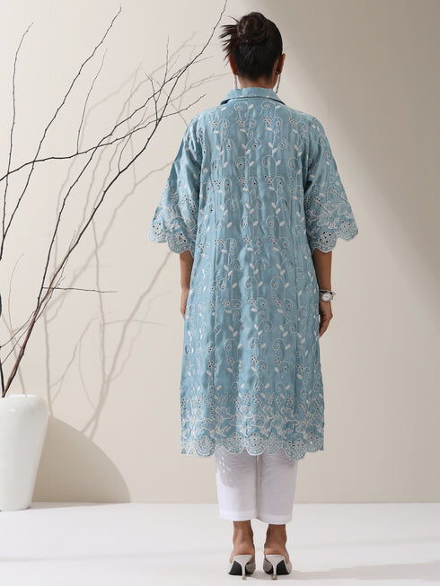 Women's Blue Lux Kurta with Creeper Schiffli & Paneled Collar and Pants | 2 Pc Set, Elegant Embroidered Co-ord, Luxe Ethnic Wear