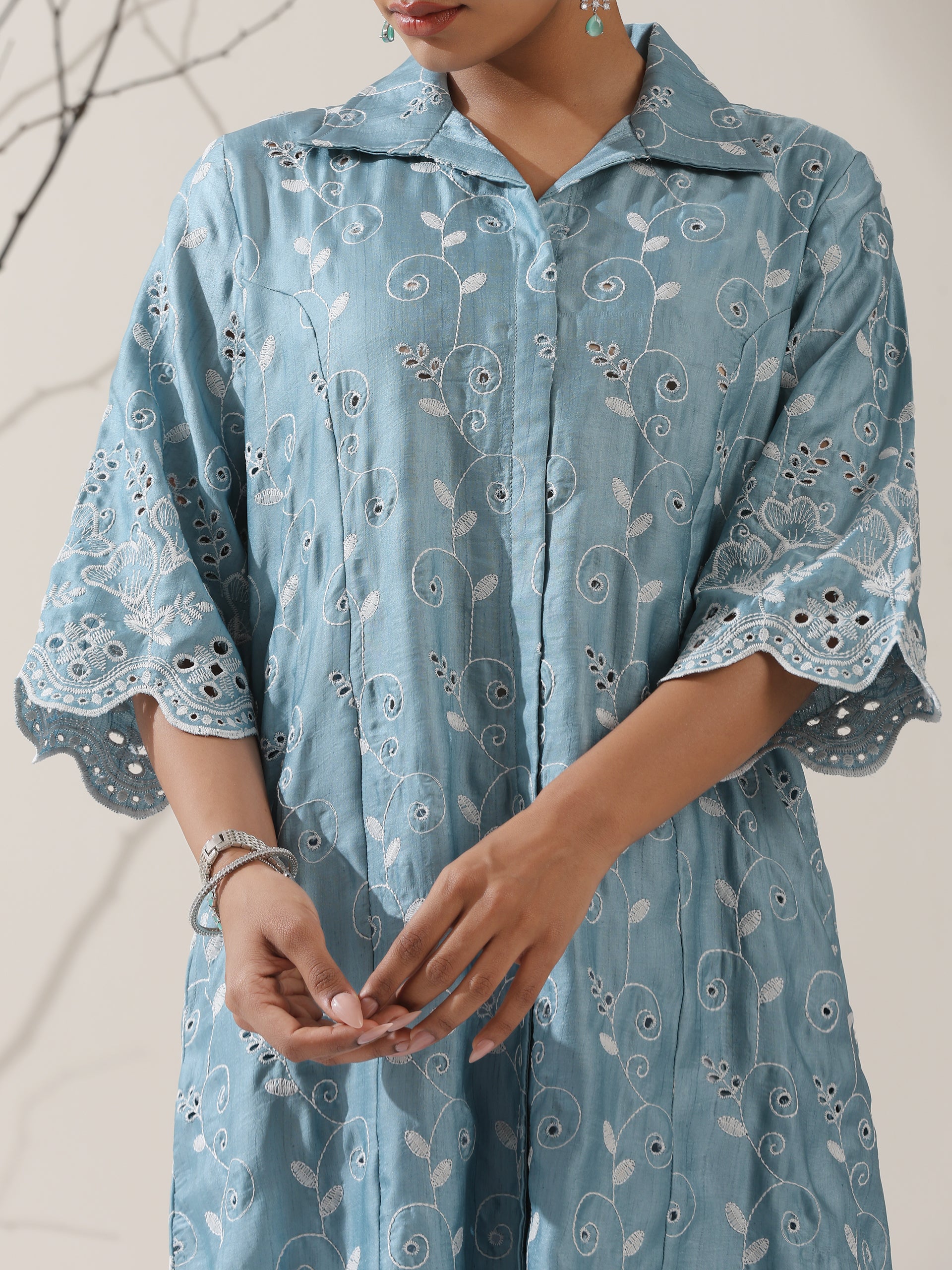 Women's Blue Lux Kurta with Creeper Schiffli & Paneled Collar and Pants | 2 Pc Set, Elegant Embroidered Co-ord, Luxe Ethnic Wear