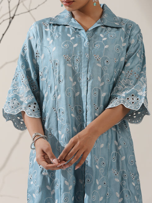 Women's Blue Lux Kurta with Creeper Schiffli & Paneled Collar and Pants | 2 Pc Set, Elegant Embroidered Co-ord, Luxe Ethnic Wear