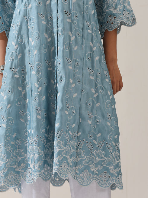 Women's Blue Lux Kurta with Creeper Schiffli & Paneled Collar and Pants | 2 Pc Set, Elegant Embroidered Co-ord, Luxe Ethnic Wear