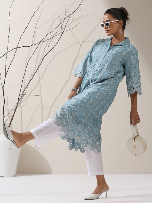 Women's Blue Lux Kurta with Creeper Schiffli & Paneled Collar and Pants | 2 Pc Set, Elegant Embroidered Co-ord, Luxe Ethnic Wear