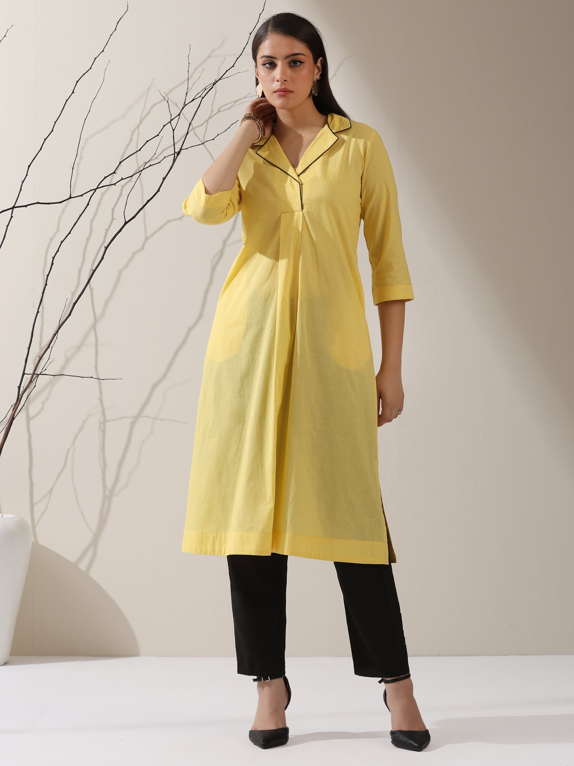 Women's SunGlow Yellow Cotton Kurta with Black Piping Collar, Roll-Up Sleeves & Pants | 2 Pc Set, Bright Ethnic Co-ord, Chic Everyday Wear