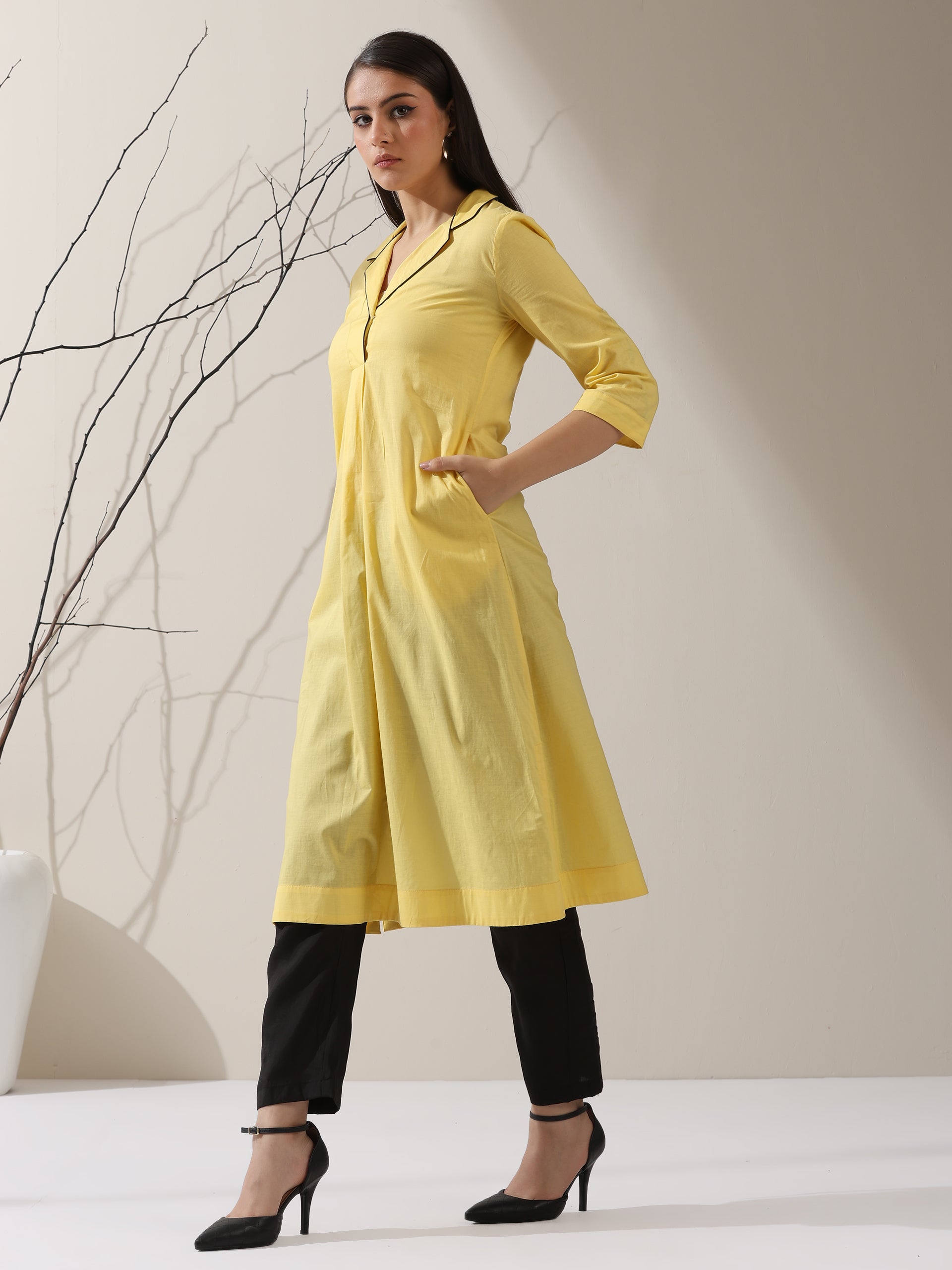 Women's SunGlow Yellow Cotton Kurta with Black Piping Collar, Roll-Up Sleeves & Pants | 2 Pc Set, Bright Ethnic Co-ord, Chic Everyday Wear