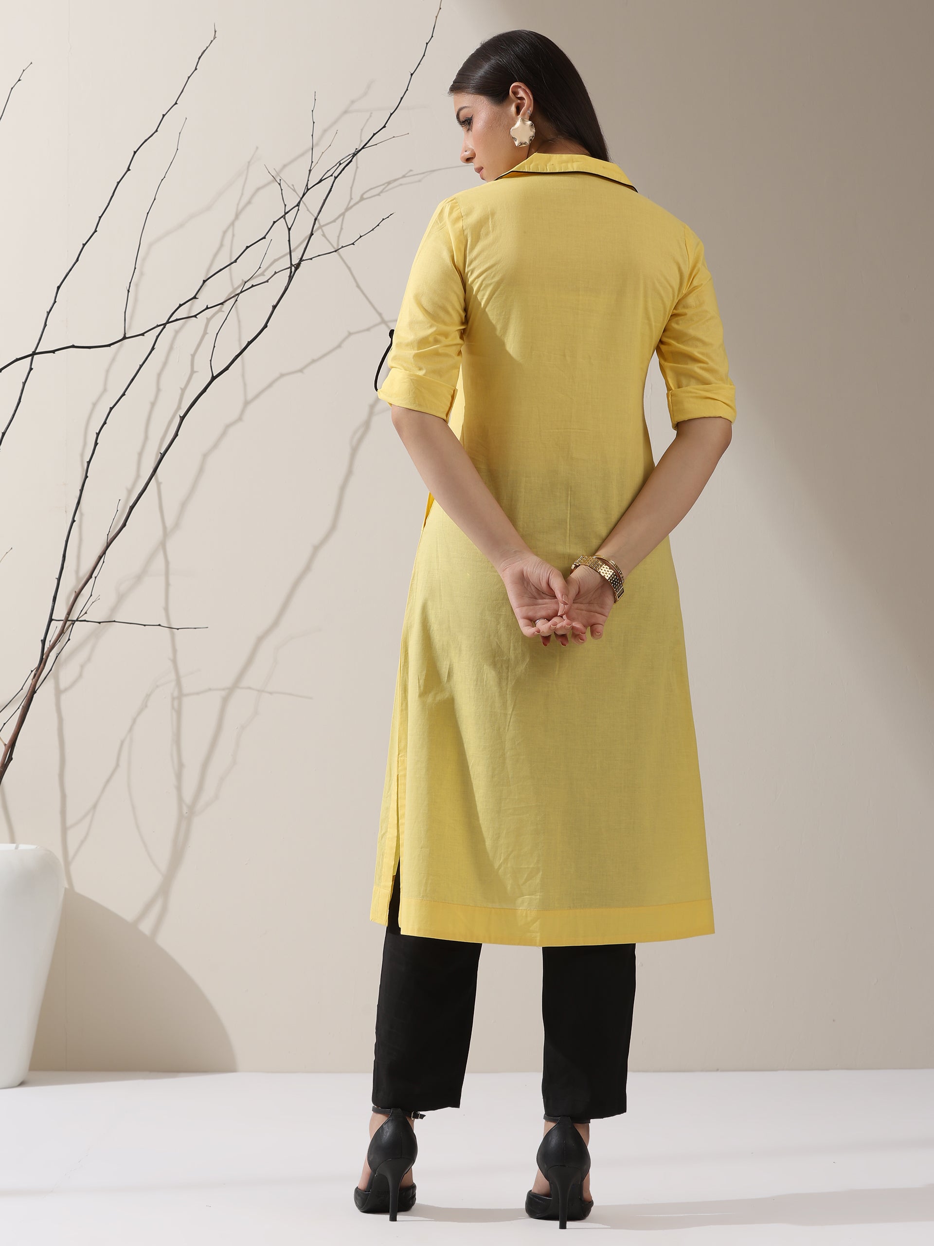 Women's SunGlow Yellow Cotton Kurta with Black Piping Collar, Roll-Up Sleeves & Pants | 2 Pc Set, Bright Ethnic Co-ord, Chic Everyday Wear