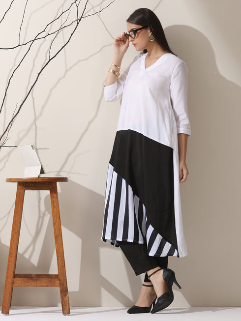 Black & White Triangle Kurta Set for Women – 2-Piece Striped Kurta with Pants | Indo-Western Ethnic Wear