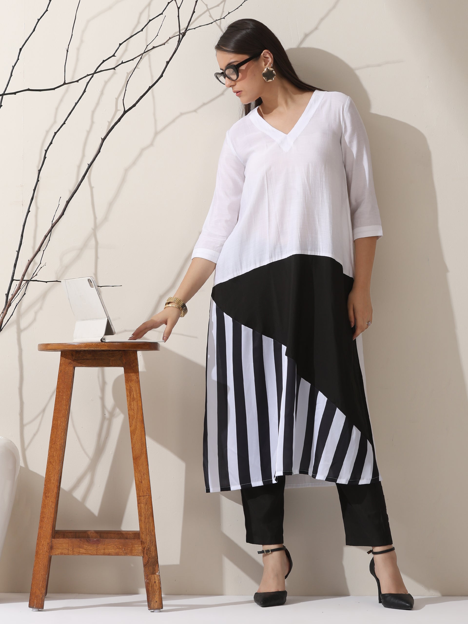 Black & White Triangle Kurta Set for Women – 2-Piece Striped Kurta with Pants | Indo-Western Ethnic Wear