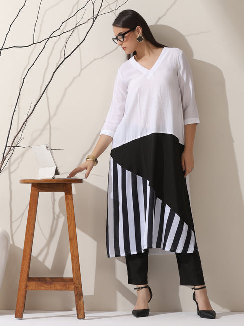 Black & White Triangle Kurta Set for Women – 2-Piece Striped Kurta with Pants | Indo-Western Ethnic Wear