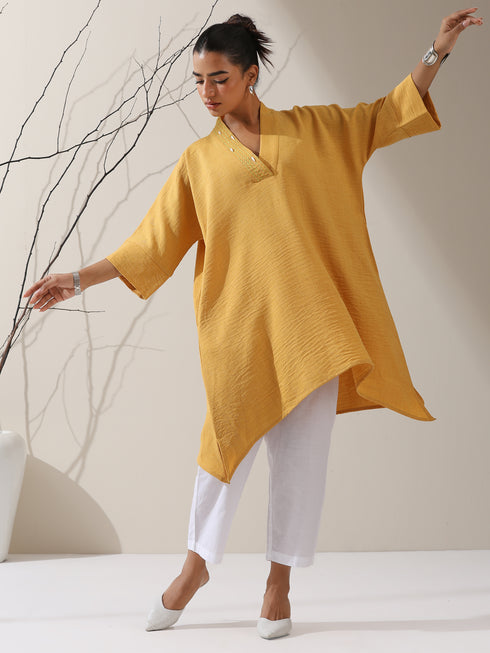 Women's Mellow Linen Blend Top with Japanese Overlap & Hand Stitching | 1 Pc, Artisanal Detail, Contemporary Minimal Wear
