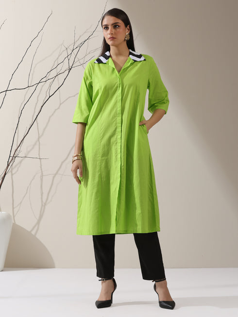 Women's Sinful Green Cotton Paneled Kurta with Striped Collar & Black Pants | 2 Pc Set, Chic Ethnic Co-ord, Modern Contrast Look