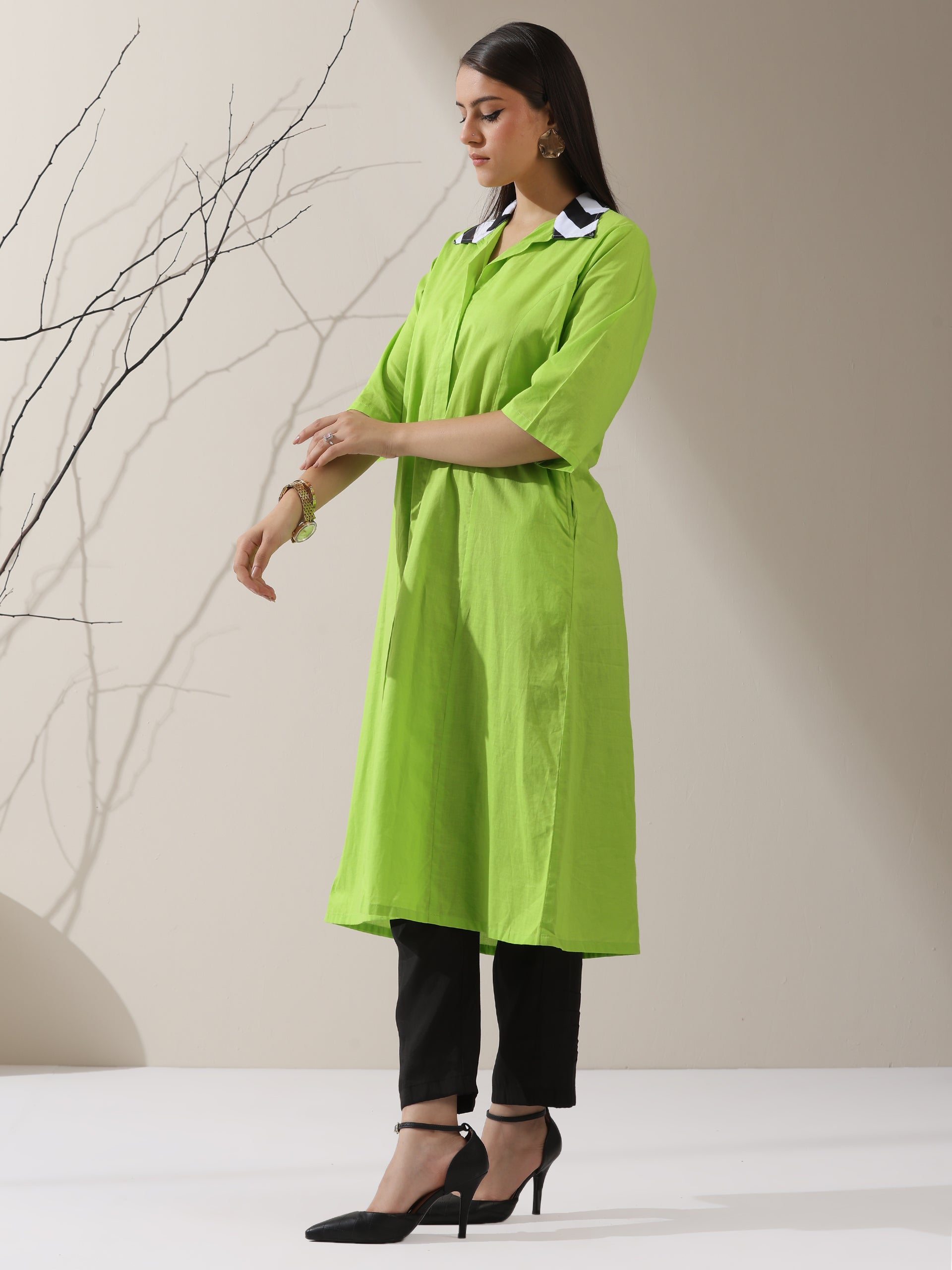 Women's Sinful Green Cotton Paneled Kurta with Striped Collar & Black Pants | 2 Pc Set, Chic Ethnic Co-ord, Modern Contrast Look