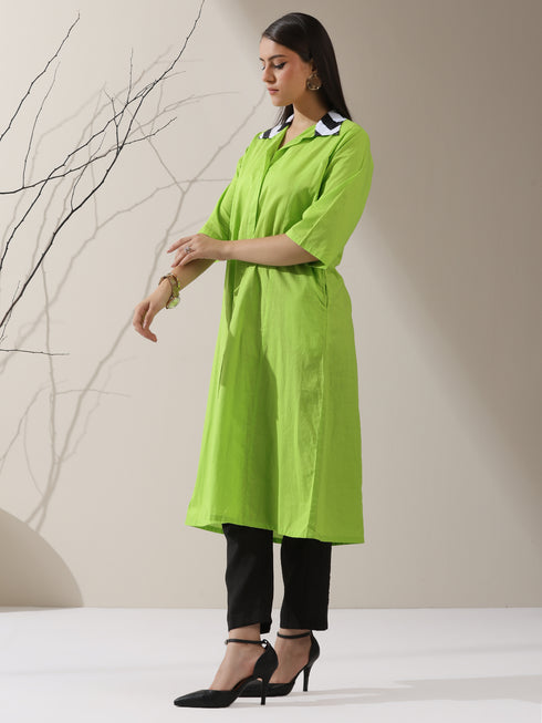 Women's Sinful Green Cotton Paneled Kurta with Striped Collar & Black Pants | 2 Pc Set, Chic Ethnic Co-ord, Modern Contrast Look