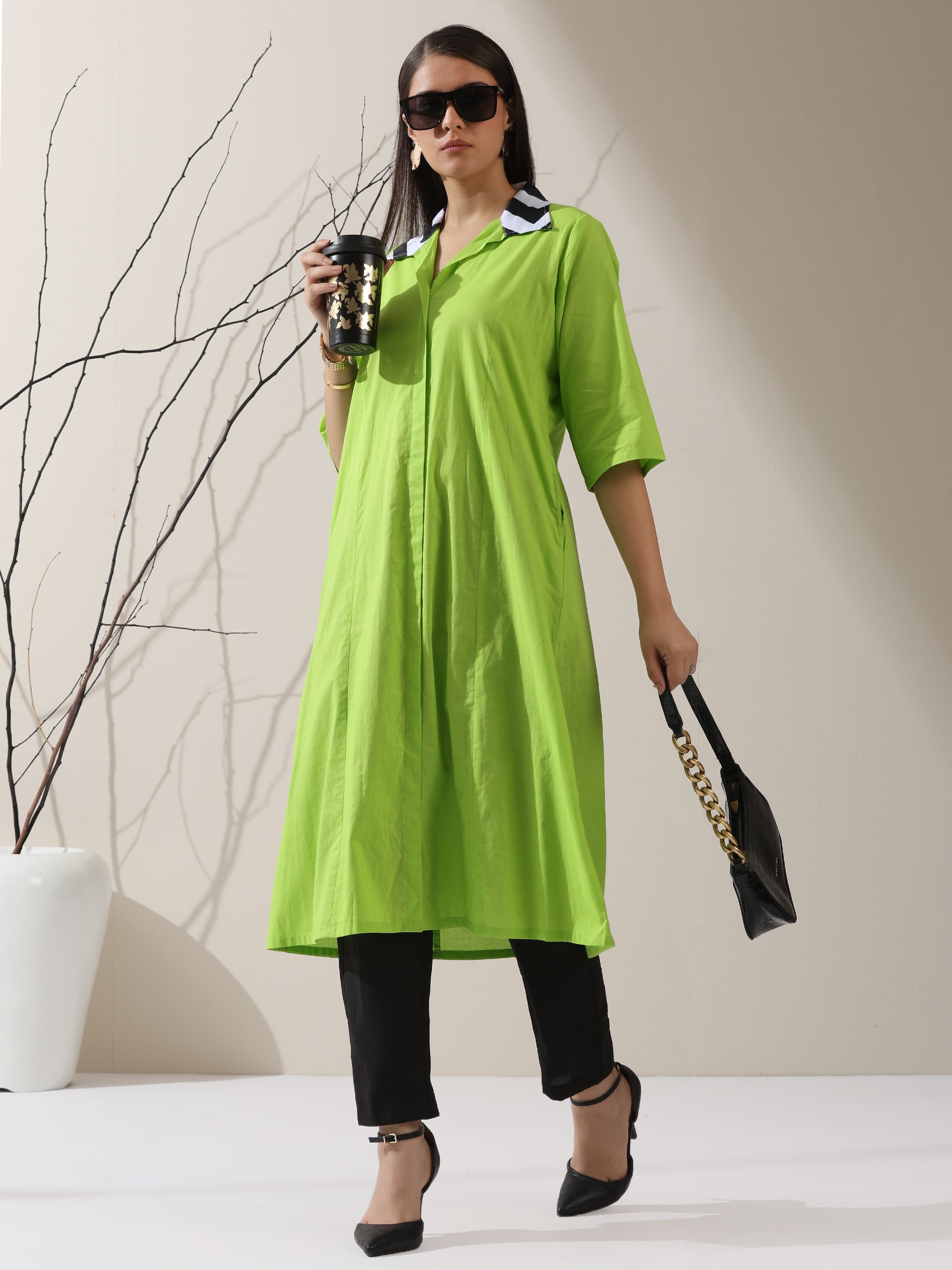Women's Sinful Green Cotton Paneled Kurta with Striped Collar & Black Pants | 2 Pc Set, Chic Ethnic Co-ord, Modern Contrast Look