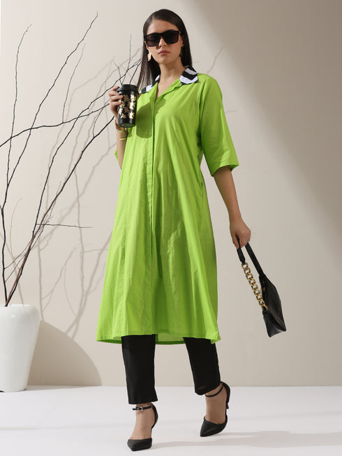 Women's Sinful Green Cotton Paneled Kurta with Striped Collar & Black Pants | 2 Pc Set, Chic Ethnic Co-ord, Modern Contrast Look