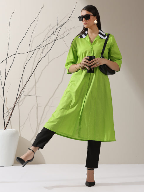 Women's Sinful Green Cotton Paneled Kurta with Striped Collar & Black Pants | 2 Pc Set, Chic Ethnic Co-ord, Modern Contrast Look