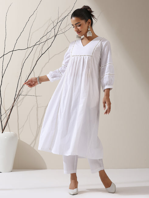 2-Piece White Cotton Bib Kurta Set for Women – Pearl Embellished Detailing with Matching Pants | Elegant Ethnic Co-ord
