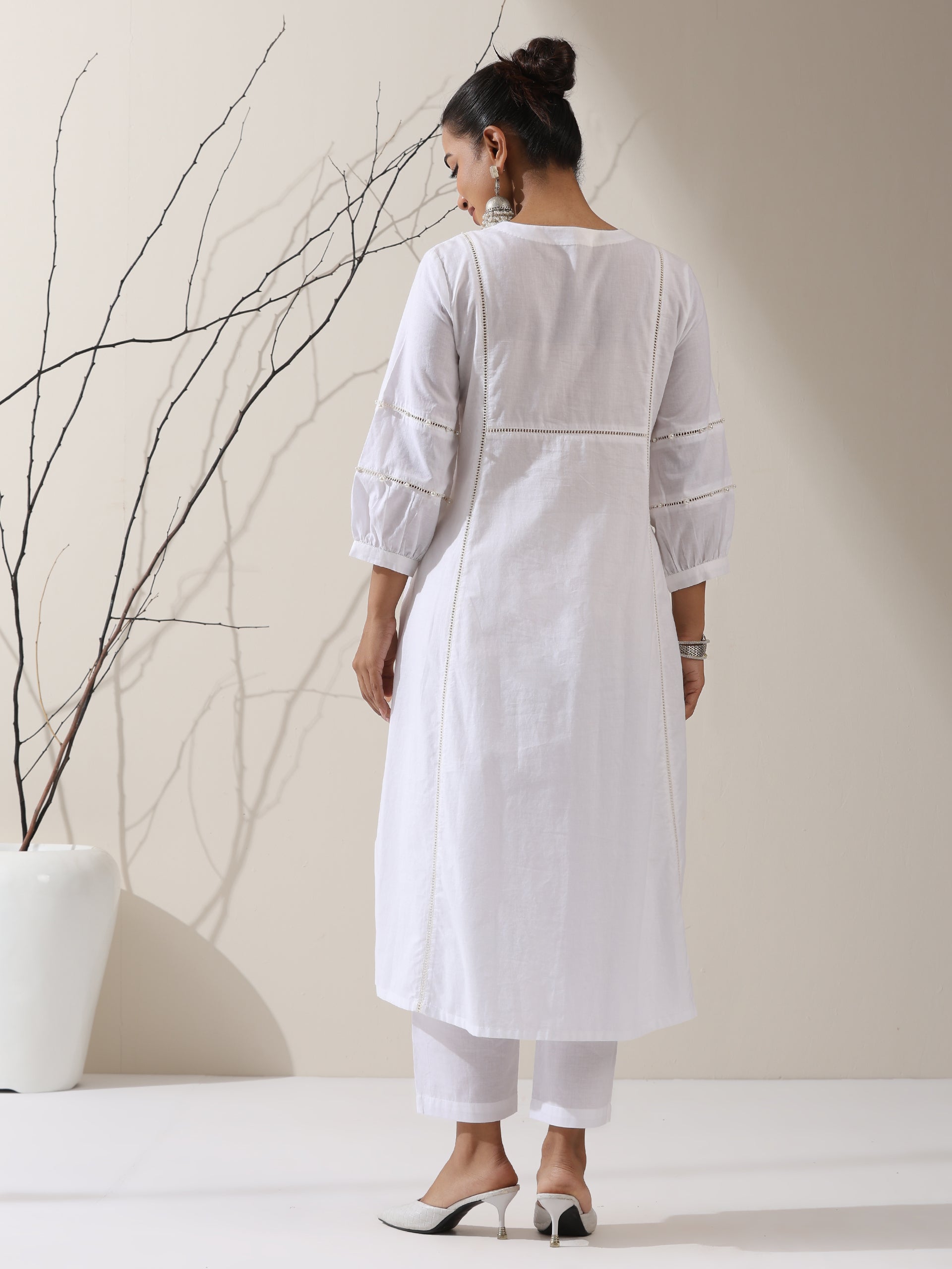 2-Piece White Cotton Bib Kurta Set for Women – Pearl Embellished Detailing with Matching Pants | Elegant Ethnic Co-ord