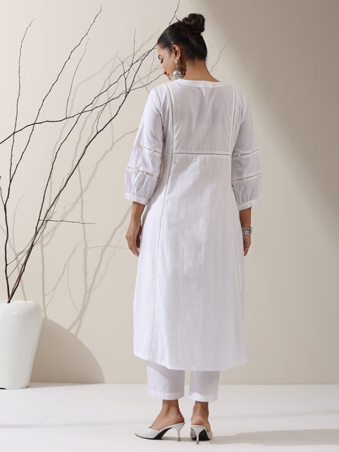 2-Piece White Cotton Bib Kurta Set for Women – Pearl Embellished Detailing with Matching Pants | Elegant Ethnic Co-ord