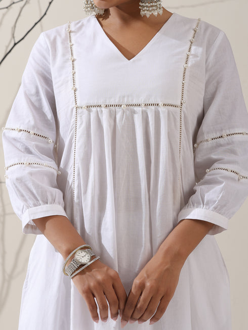 2-Piece White Cotton Bib Kurta Set for Women – Pearl Embellished Detailing with Matching Pants | Elegant Ethnic Co-ord