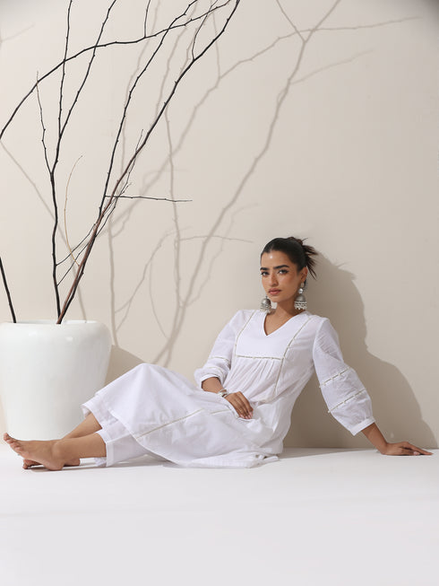 2-Piece White Cotton Bib Kurta Set for Women – Pearl Embellished Detailing with Matching Pants | Elegant Ethnic Co-ord
