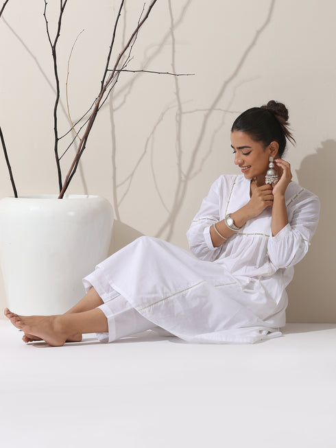 2-Piece White Cotton Bib Kurta Set for Women – Pearl Embellished Detailing with Matching Pants | Elegant Ethnic Co-ord