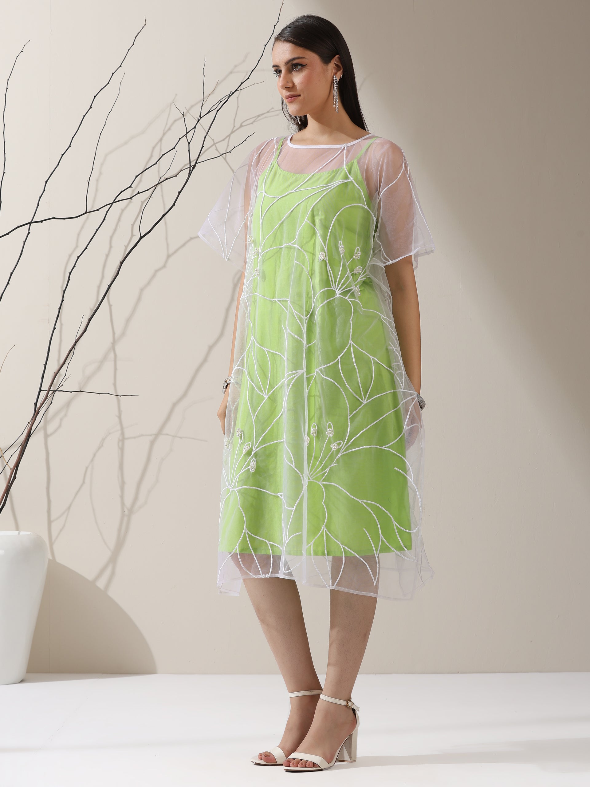 Women’s Green Dress Set with Embroidered Net Overlay | 2 Pc Set, Knee-Length, Flared Sleeves, Brunch Wear, Casual, Summer Dress (100% Cotton & Net Fabric)