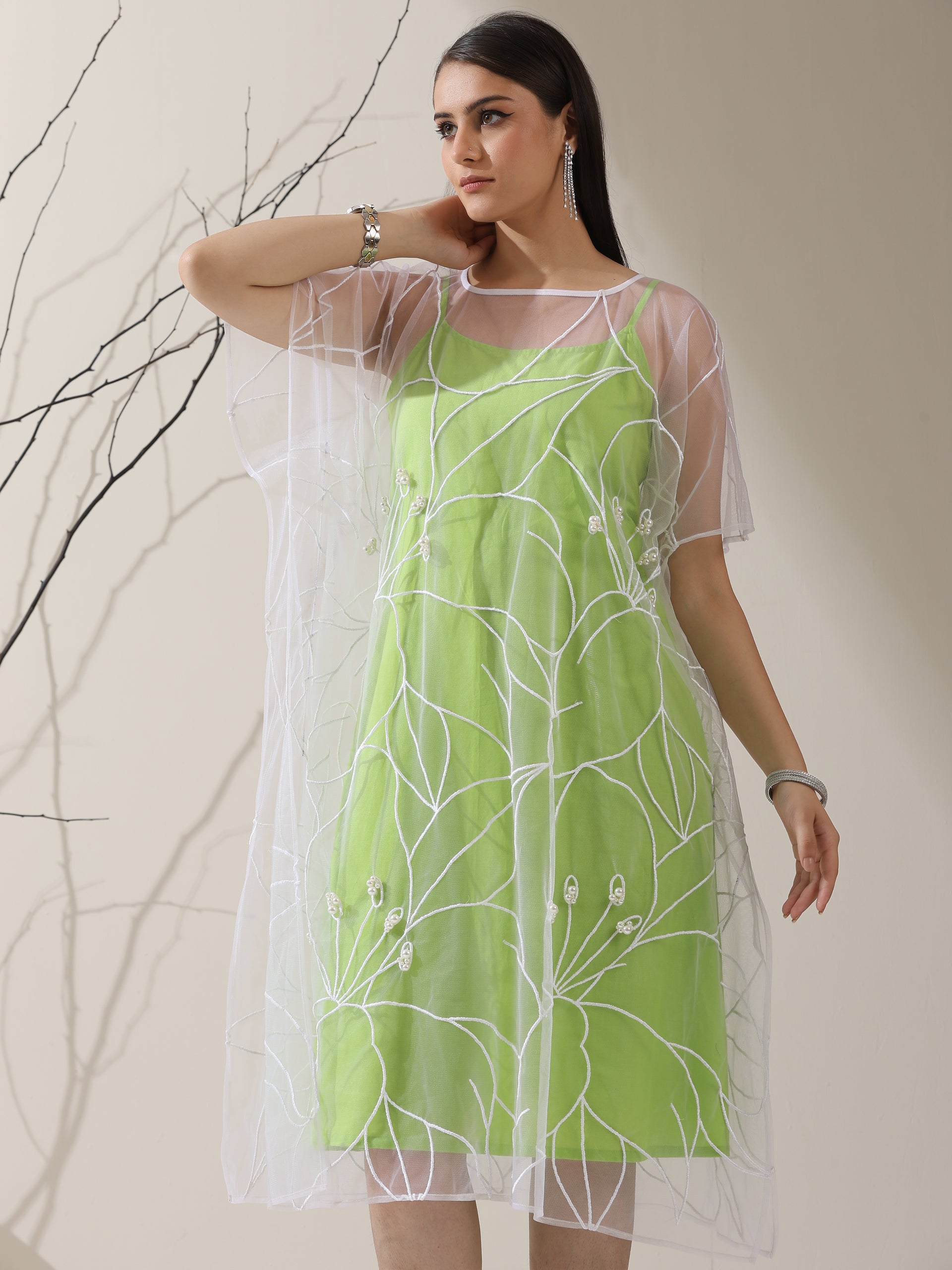 Women’s Green Dress Set with Embroidered Net Overlay | 2 Pc Set, Knee-Length, Flared Sleeves, Brunch Wear, Casual, Summer Dress (100% Cotton & Net Fabric)