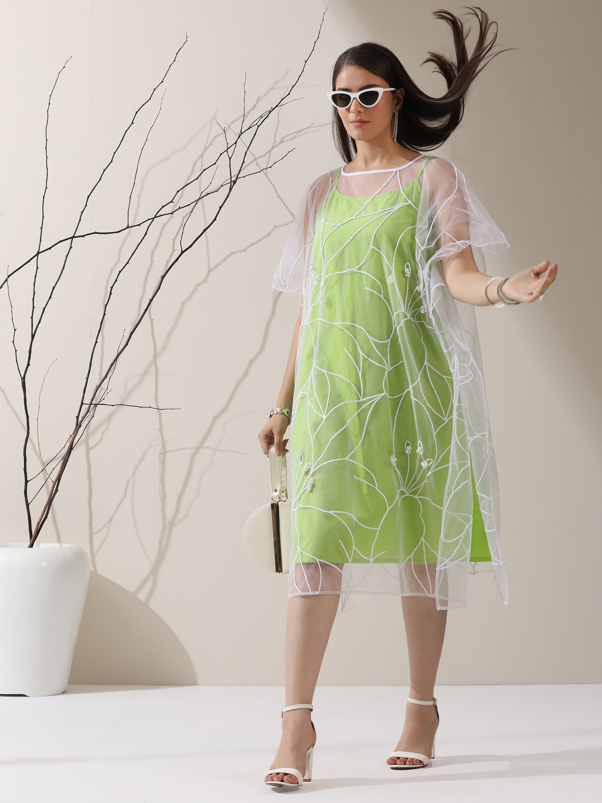 Women’s Green Dress Set with Embroidered Net Overlay | 2 Pc Set, Knee-Length, Flared Sleeves, Brunch Wear, Casual, Summer Dress (100% Cotton & Net Fabric)