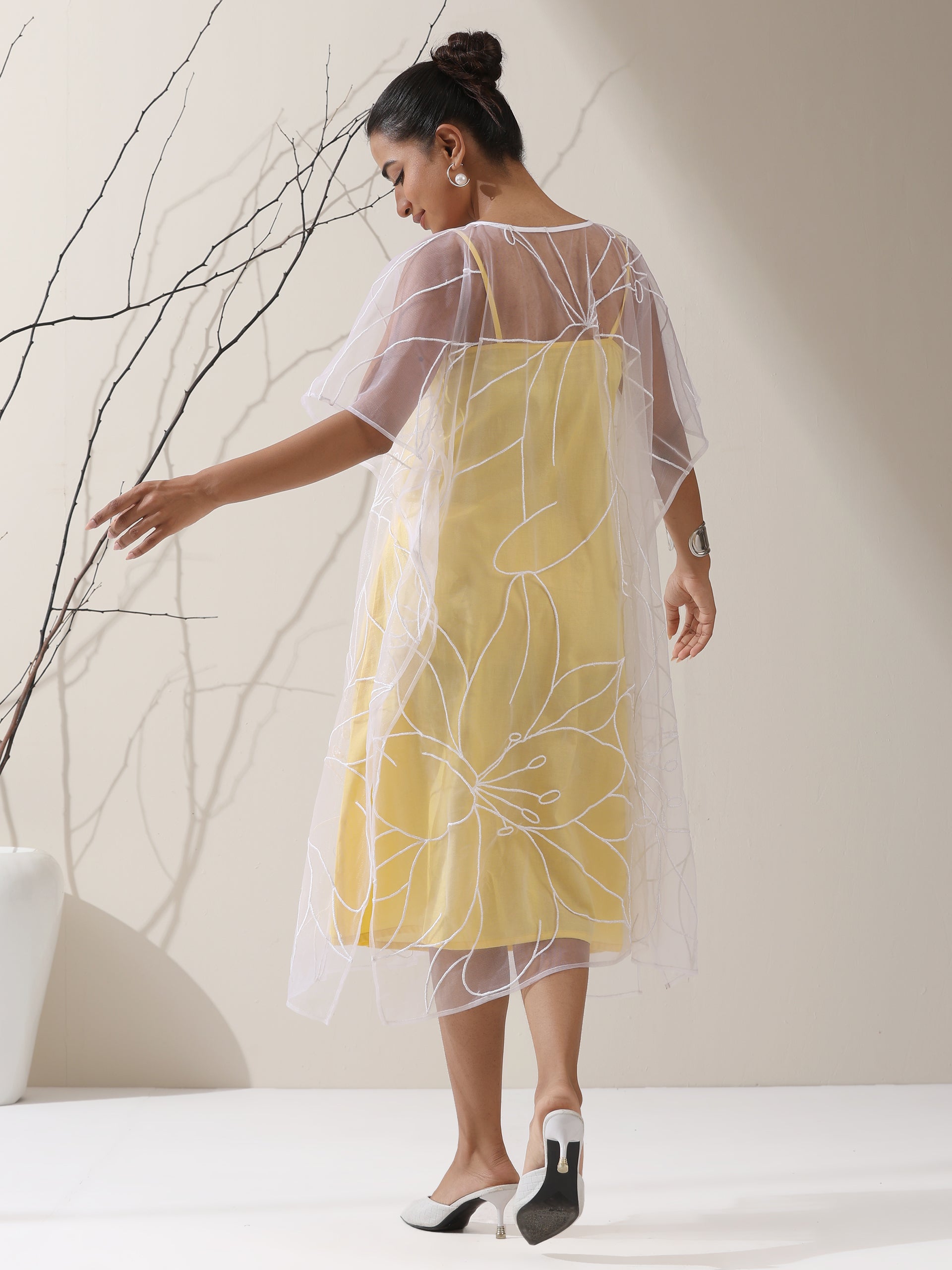 Women’s Yellow Dress Set with Embroidered Net Overlay | 2 Pc Set, Knee-Length, Flared Sleeves, Brunch Wear, Casual, Summer Dress (100% Cotton & Net Fabric)
