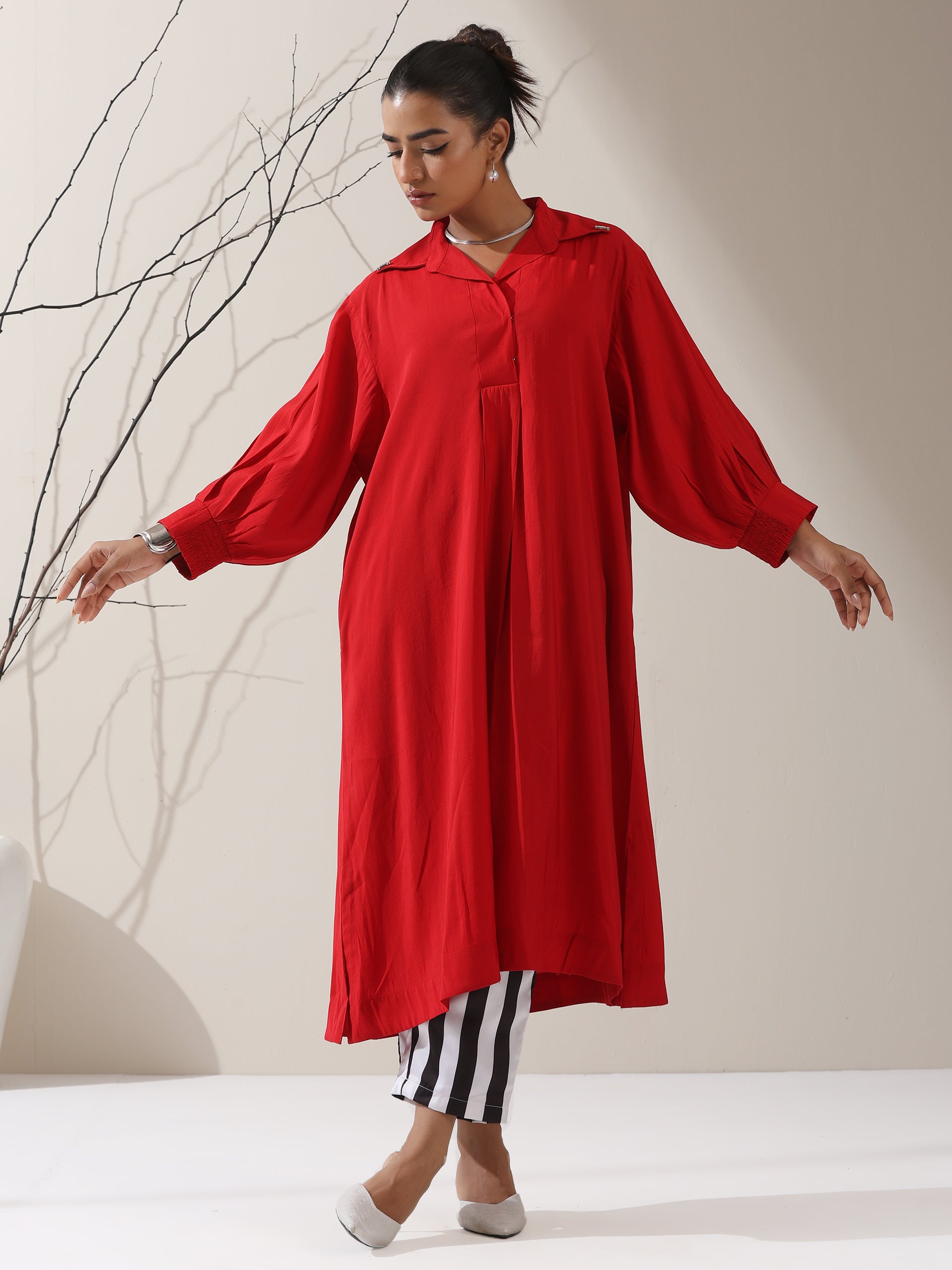 Women's Red AirSkin Oversized Dress Shirt with Adjustable Sleeves & Striped Pants | 2 Pc Set, Relaxed Fit Co-ord, Bold & Breezy Fusion Wear