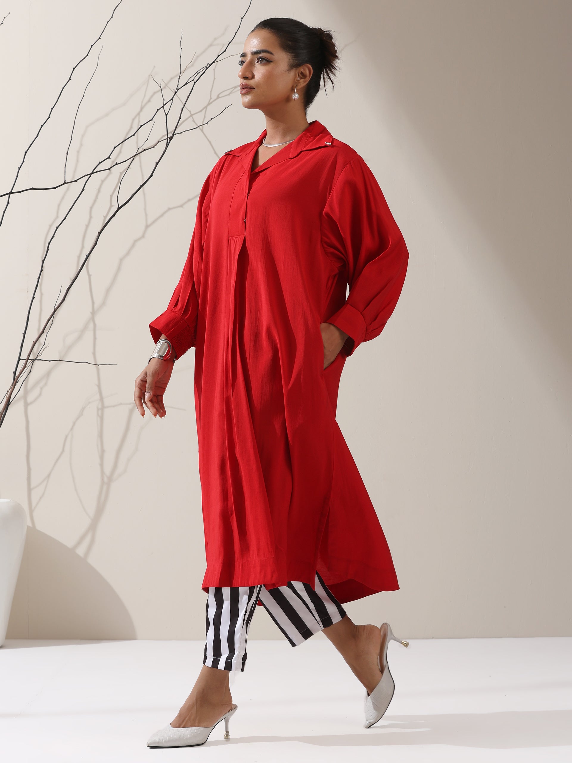 Women's Red AirSkin Oversized Dress Shirt with Adjustable Sleeves & Striped Pants | 2 Pc Set, Relaxed Fit Co-ord, Bold & Breezy Fusion Wear