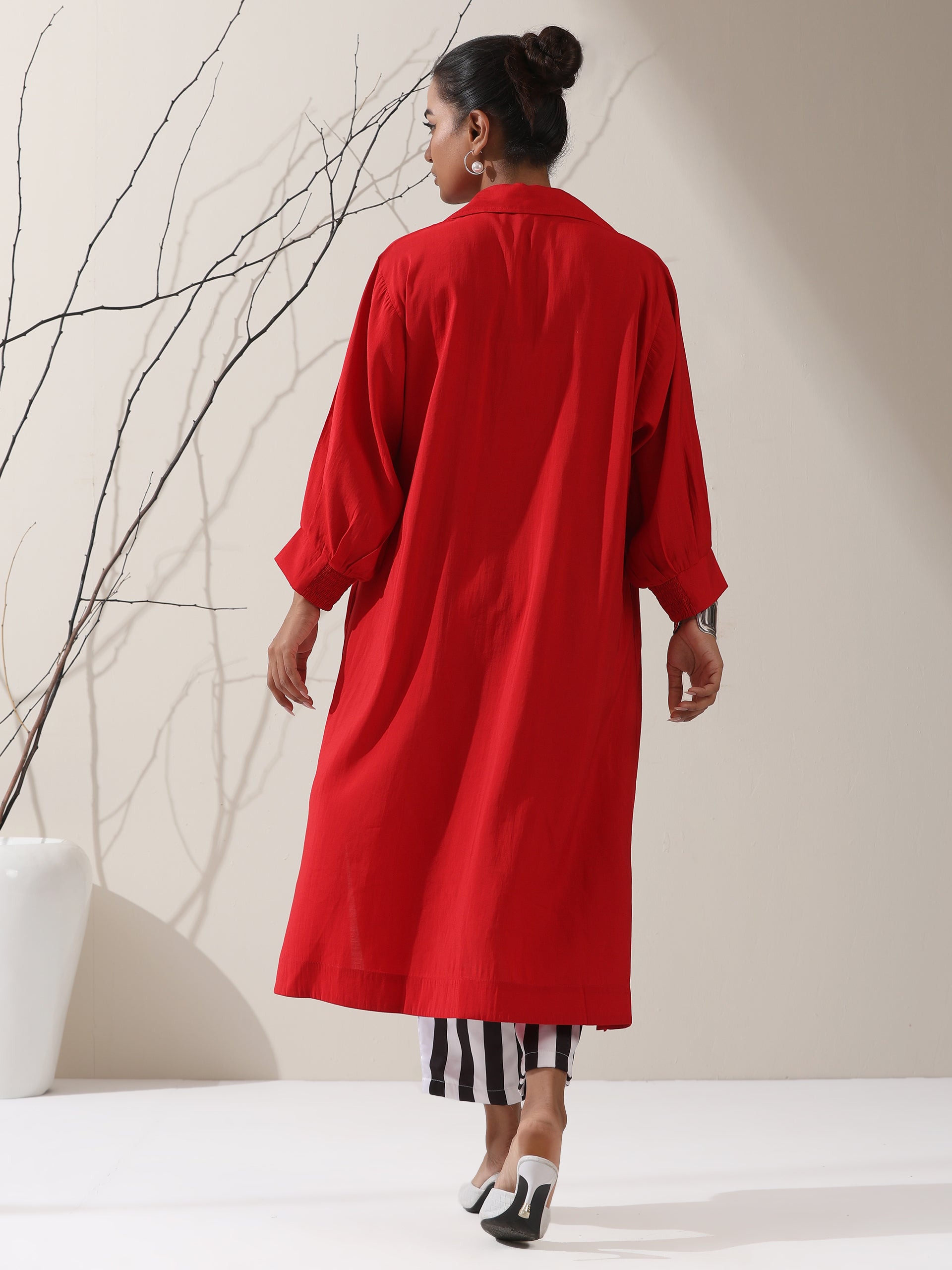 Women's Red AirSkin Oversized Dress Shirt with Adjustable Sleeves & Striped Pants | 2 Pc Set, Relaxed Fit Co-ord, Bold & Breezy Fusion Wear