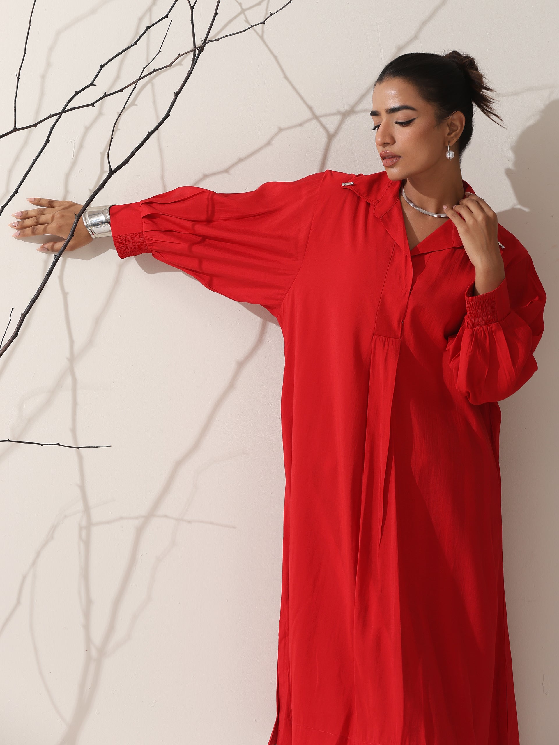 Women's Red AirSkin Oversized Dress Shirt with Adjustable Sleeves & Striped Pants | 2 Pc Set, Relaxed Fit Co-ord, Bold & Breezy Fusion Wear