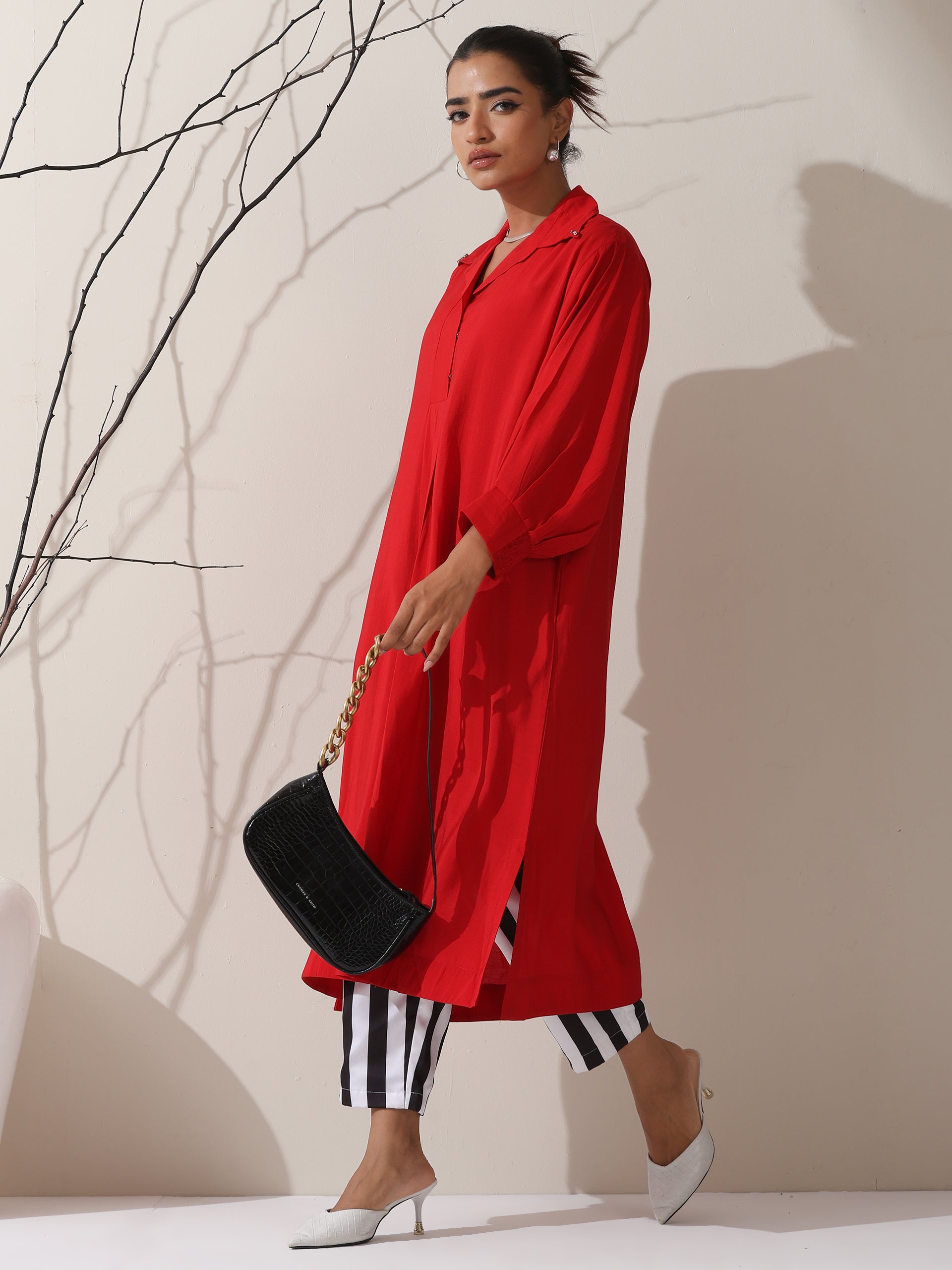 Women's Red AirSkin Oversized Dress Shirt with Adjustable Sleeves & Striped Pants | 2 Pc Set, Relaxed Fit Co-ord, Bold & Breezy Fusion Wear