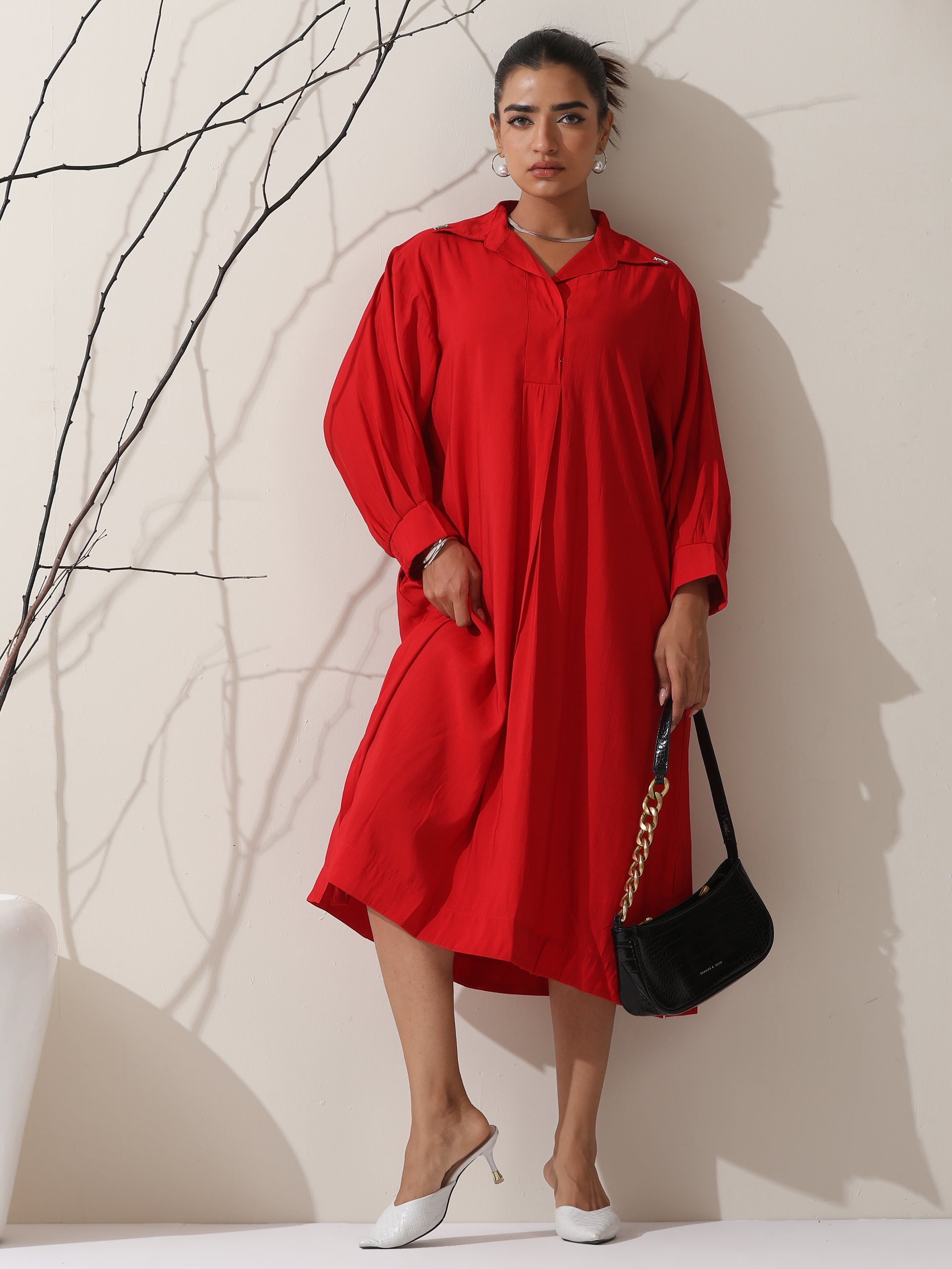 Women's Red AirSkin Oversized Dress Shirt with Adjustable Sleeves | 1 Pc, Breezy & Bold, Relaxed Contemporary Wear