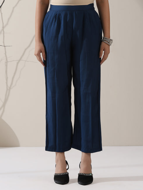 2-Piece Navy Blue AirSkin Kurta Set for Women – Japanese-Inspired Design with Beaded Shoulder Detail & Matching Pants