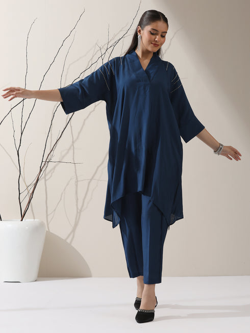 2-Piece Navy Blue AirSkin Kurta Set for Women – Japanese-Inspired Design with Beaded Shoulder Detail & Matching Pants