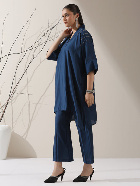 2-Piece Navy Blue AirSkin Kurta Set for Women – Japanese-Inspired Design with Beaded Shoulder Detail & Matching Pants