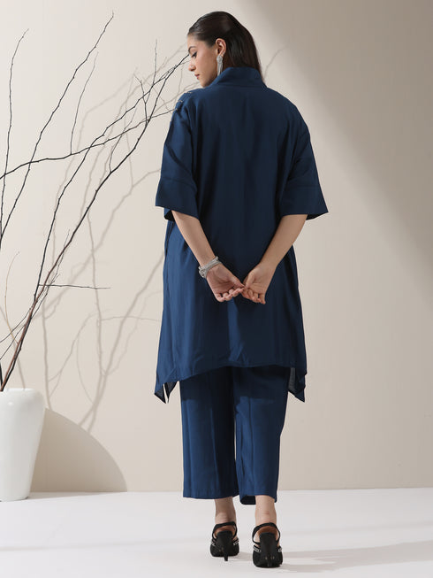 2-Piece Navy Blue AirSkin Kurta Set for Women – Japanese-Inspired Design with Beaded Shoulder Detail & Matching Pants