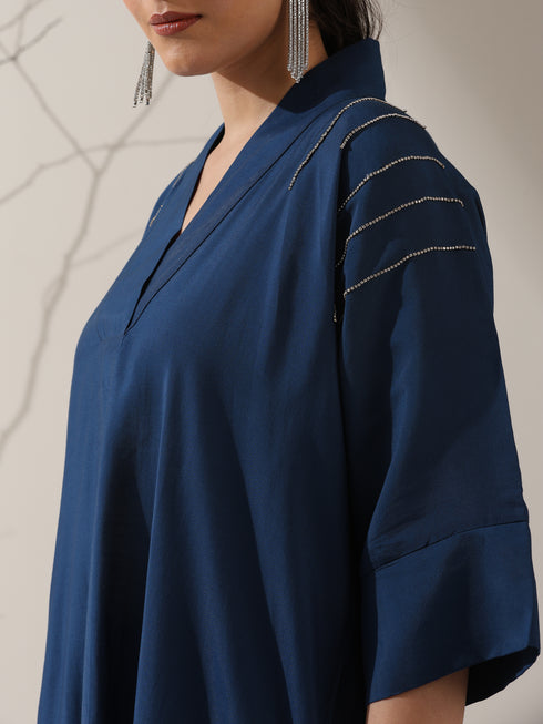 2-Piece Navy Blue AirSkin Kurta Set for Women – Japanese-Inspired Design with Beaded Shoulder Detail & Matching Pants