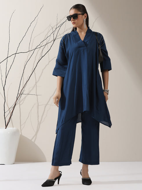 2-Piece Navy Blue AirSkin Kurta Set for Women – Japanese-Inspired Design with Beaded Shoulder Detail & Matching Pants