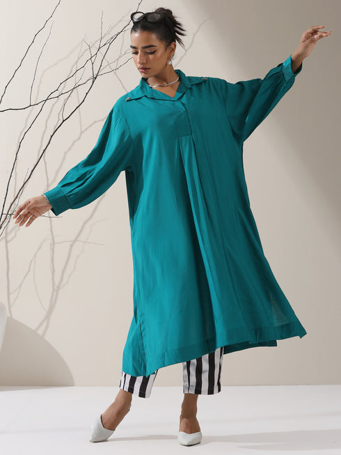 Women's Teal AirSkin Oversized Dress Shirt with Adjustable Sleeves & Striped Pants | 2 Pc Set, Relaxed Ethnic Co-ord, Cool & Contemporary Wear