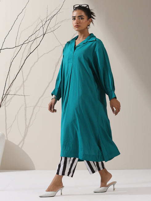 Women's Teal AirSkin Oversized Dress Shirt with Adjustable Sleeves & Striped Pants | 2 Pc Set, Relaxed Ethnic Co-ord, Cool & Contemporary Wear