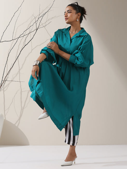 Women's Teal AirSkin Oversized Dress Shirt with Adjustable Sleeves & Striped Pants | 2 Pc Set, Relaxed Ethnic Co-ord, Cool & Contemporary Wear